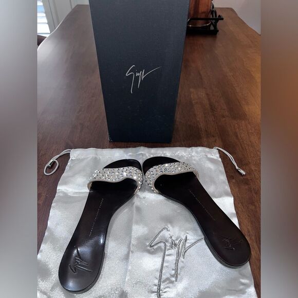 Giuseppe Zanotti Tan Suede Rhinestone Flat Slip-on Sandals 37 / US 6.5 Italy - Picture 5 of 11